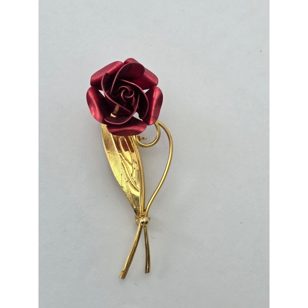 Vintage Gold-Tone Rose Brooch Pin With Red Enamel Flower & Leaf Design